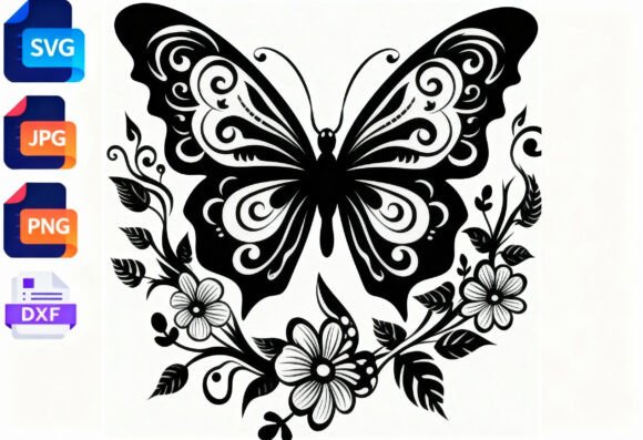 Black Butterfly Floral SVG Cut File