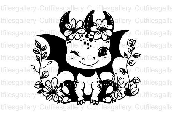 Cartoon Baby Dragon with Floral SVG