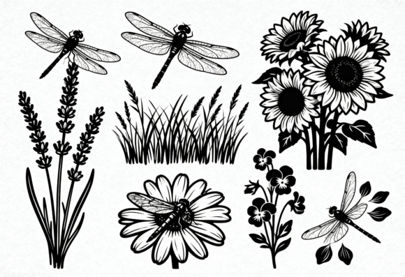 Dragonfly Sunflower Lavender Floral SVG